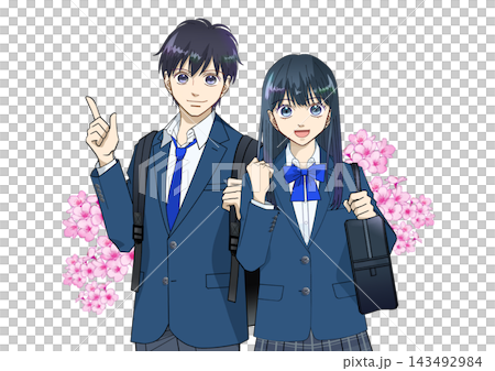 Anime-style illustration of cherry blossoms and a male or female high school student, on a white background. Anime-style illustration of cherry blossoms and a male or female high school student, on a white background. 143492984