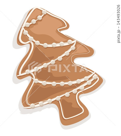 Flat lay Christmas gingerbread tree cookie vector element isolated on background. Cozy eco winter holiday decorated fir biscuit with sugar icing 143493026