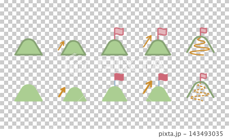 A set of icons depicting mountain peaks, flags, and arrows to represent goal achievement and hiking routes. A set of icons depicting mountain peaks, flags, and arrows to represent goal achievement and hiking routes. 143493035