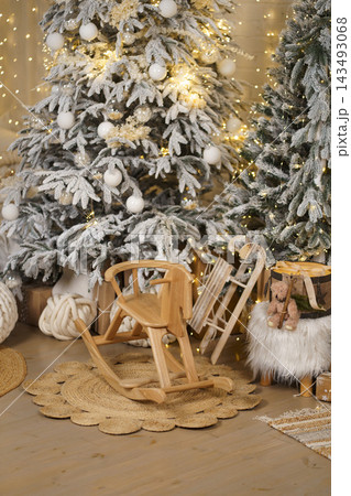 Rustic Christmas Morning View with Traditional Toys and Snow Pine 143493068