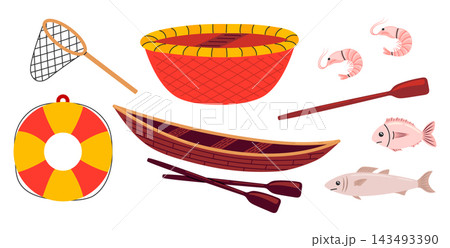 Fishing and boating equipment set with wooden boat, oar, net, basket bowl, lifebuoy and fish. Flat vector illustration 143493390