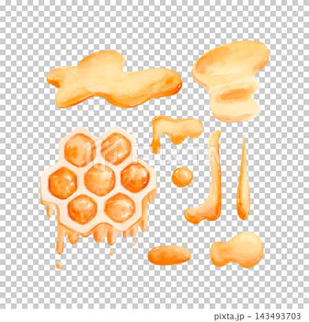 Hand drawn watercolor set of golden honeycomb, dripping honey, drops and puddles. Pastel food clipart isolated on white for honey jar labels, packaging, branding, stationery and decorative design. Hand drawn watercolor set of golden honeycomb, dripping honey, drops and puddles. Pastel food clipart isolated on white for honey jar labels, packaging, branding, stationery and decorative design. 143493703