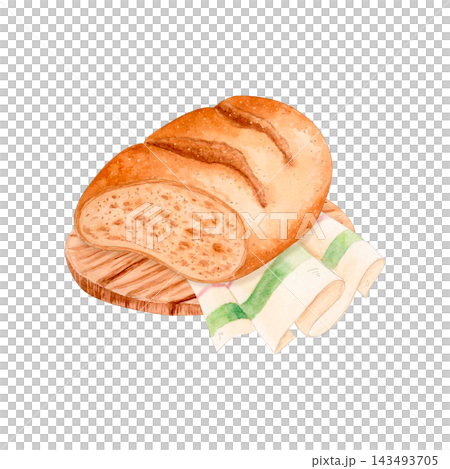 Hand drawn watercolor rustic bread loaf on wooden cutting board and striped kitchen towel. Bakery illustration in natural pastel tones isolated for food packaging, menus, cookbooks and branding. Hand drawn watercolor rustic bread loaf on wooden cutting board and striped kitchen towel. Bakery illustration in natural pastel tones isolated for food packaging, menus, cookbooks and branding. 143493705