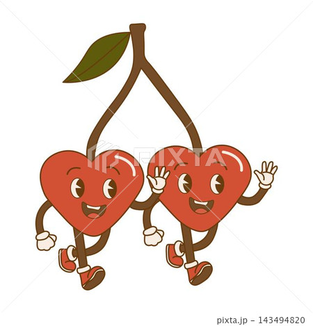 Funny couple of cherries in form of hearts in retro style. Happy Valentines day. Love illustration in flat design. Two 70s happy berries in shape of hearts. Isolated on white background Funny couple of cherries in form of hearts in retro style. Happy Valentines day. Love illustration in flat design. Two 70s happy berries in shape of hearts. Isolated on white background 143494820