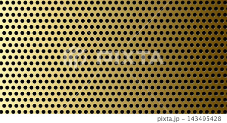 Gold perforated metal plate texture with round holes and gradient sheen, perfect for industrial backgrounds, tech UI, speaker grille design and luxury product Gold perforated metal plate texture with round holes and gradient sheen, perfect for industrial backgrounds, tech UI, speaker grille design and luxury product 143495428
