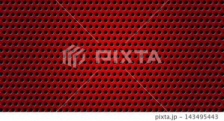 Red perforated metal plate texture with round holes and glossy gradient sheen, perfect for industrial, automotive, tech and speaker grille design Red perforated metal plate texture with round holes and glossy gradient sheen, perfect for industrial, automotive, tech and speaker grille design 143495443
