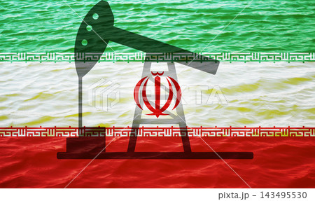 Pumpjack silhouette overlaid on a wavy water surface with the national flag of Iran. Oil extraction, energy, and economy concept 143495530