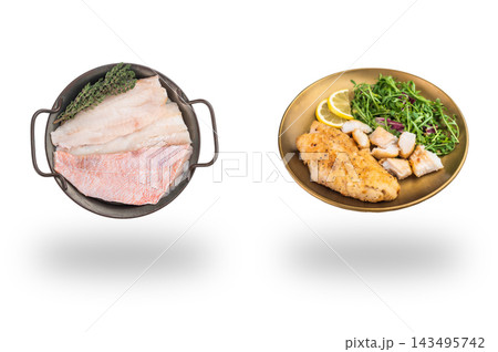 Raw perch fillets in a dark pan beside cooked fish with salad and lemon floating above soft shadows on white 143495742