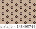 Small black skillets with grilled burger patties repeated in diagonal rows across a beige food pattern background 143495744
