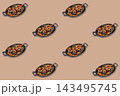 Repeating pattern of stir fried beef strips with colorful peppers in black handled dishes on a warm brown background 143495745