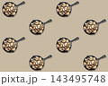 Black skillets filled with open clams repeated in diagonal rows across a pale beige decorative seafood background 143495748