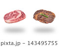 Raw marbled ribeye steak beside a grilled steak with rosemary floating above soft shadows on a white background 143495755