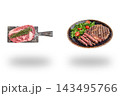 Raw ribeye on a wooden board beside grilled beef with salad on a platter floating above shadows on white 143495766