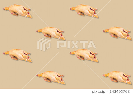 Whole raw duck carcasses repeated in evenly spaced rows across a beige background for a culinary poultry pattern Whole raw duck carcasses repeated in evenly spaced rows across a beige background for a culinary poultry pattern 143495768