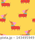 Childish seamless pattern with colorful dachshunds. Trendy vector yellow pet background. Perfect for kids apparel,fabric, textile, nursery decoration,wrapping paper. 143495949