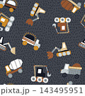 Cute cartoon cars and construction machines seamless pattern. Vector transport and city street textured background for nursery wallpaper, kids clothing, fabric print 143495951