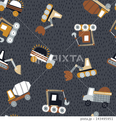 Cute cartoon cars and construction machines seamless pattern. Vector transport and city street textured background for nursery wallpaper, kids clothing, fabric print Cute cartoon cars and construction machines seamless pattern. Vector transport and city street textured background for nursery wallpaper, kids clothing, fabric print 143495951