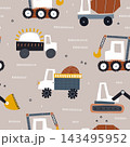 Cute cartoon cars,textures and construction machines seamless pattern. Vector transport and city street background for nursery wallpaper, kids clothing, fabric print 143495952