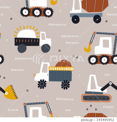 Cute cartoon cars,textures and construction machines seamless pattern. Vector transport and city street background for nursery wallpaper, kids clothing, fabric print Cute cartoon cars,textures and construction machines seamless pattern. Vector transport and city street background for nursery wallpaper, kids clothing, fabric print 143495952