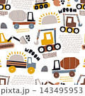 Cute cartoon cars,textures and construction machines seamless pattern. Vector transport and city street background for nursery wallpaper, kids clothing, fabric print 143495953