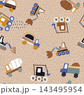 Cute cartoon cars and construction machines seamless pattern. Vector transport and city street beige background for nursery wallpaper, kids clothing, fabric print. 143495954