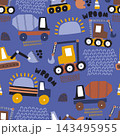Cute cartoon cars and construction machines seamless pattern. Vector transport and city street background for nursery wallpaper, kids clothing, fabric print. 143495955
