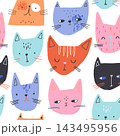 Cute artistic cats faces seamless pattern. Vector colorful relative childish background. 143495956