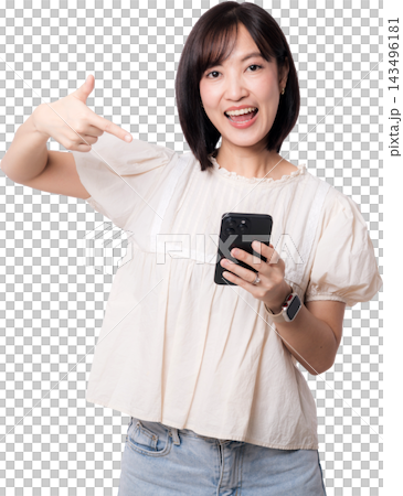 Happy asian woman pointing index finger at smartphone promoting artificial intelligence application with excited facial expression against plain transparency background studio shot Happy asian woman pointing index finger at smartphone promoting artificial intelligence application with excited facial expression against plain transparency background studio shot 143496181