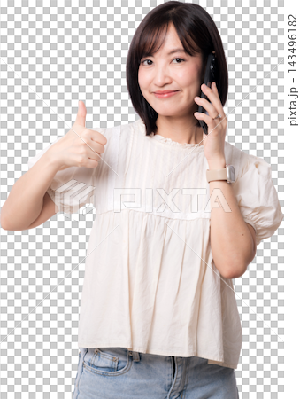 Happy smiling young asian woman holding smartphone talking with artificial intelligence assistant feature showing thumb up gesture isolated on transparency background Happy smiling young asian woman holding smartphone talking with artificial intelligence assistant feature showing thumb up gesture isolated on transparency background 143496182