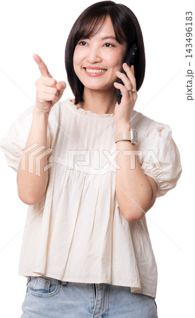 Happy smiling asian woman talking on smartphone pointing finger towards artificial intelligence technology solution with cheerful expression isolated on transparency background 143496183