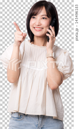 Happy smiling asian woman talking on smartphone pointing finger towards artificial intelligence technology solution with cheerful expression isolated on transparency background 143496183