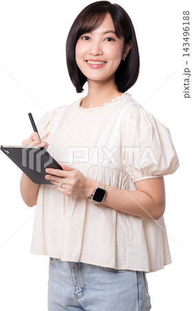 Happy asian woman holding digital tablet preparing project about artificial intelligence and modern technology concept isolated on clear transparency background studio shot 143496188