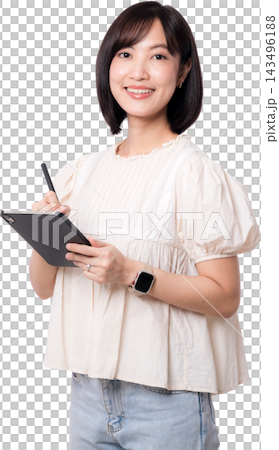 Happy asian woman holding digital tablet preparing project about artificial intelligence and modern technology concept isolated on clear transparency background studio shot 143496188
