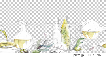 Seamless banner of oil bottle, glass jug, olive foliage, pouring liquid. Hand drawn pencil, watercolor artwork. Specialty food promotions, Mediterranean product catalogs, recipe books, gourmet events. 143497028