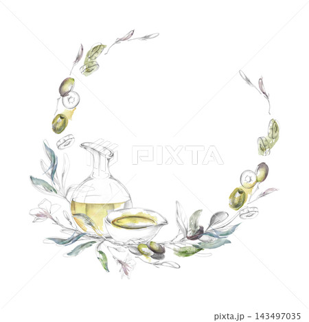 Circle wreath of oil, wine decanter, olive foliage, fruits, leaves. Hand drawn illustration in pencil and watercolor. Artisan branding, culinary invitations, gourmet packaging, food festival graphics. 143497035