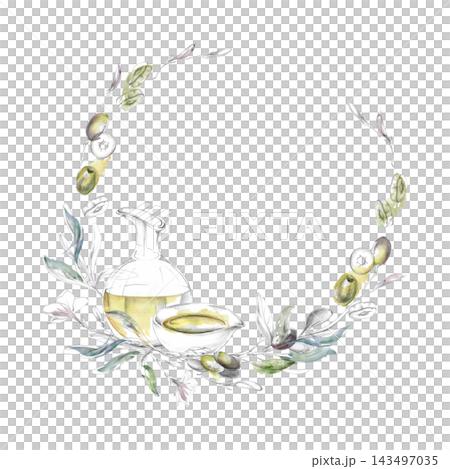 Circle wreath of oil, wine decanter, olive foliage, fruits, leaves. Hand drawn illustration in pencil and watercolor. Artisan branding, culinary invitations, gourmet packaging, food festival graphics. 143497035