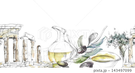 Mediterranean landscape. Roman classical ruins, olive groves, oil jug, fruit branch. Pencil and watercolor seamless banner with gentle washes. Heritage brochures, archaeology exhibitions, book design. Mediterranean landscape. Roman classical ruins, olive groves, oil jug, fruit branch. Pencil and watercolor seamless banner with gentle washes. Heritage brochures, archaeology exhibitions, book design. 143497099