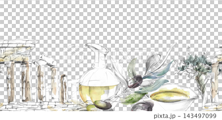 Mediterranean landscape. Roman classical ruins, olive groves, oil jug, fruit branch. Pencil and watercolor seamless banner with gentle washes. Heritage brochures, archaeology exhibitions, book design. Mediterranean landscape. Roman classical ruins, olive groves, oil jug, fruit branch. Pencil and watercolor seamless banner with gentle washes. Heritage brochures, archaeology exhibitions, book design. 143497099