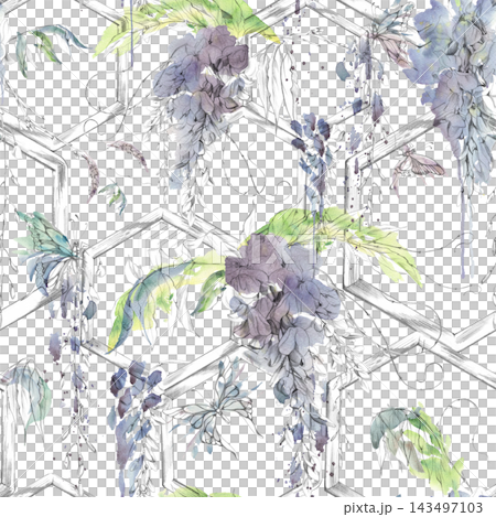 Seamless pattern of flowering wisteria vines creeping on wooden hexagon trellis frames in soft watercolor shades. Hand drawn illustration, pencil shading. Natural cosmetics, bath products packaging Seamless pattern of flowering wisteria vines creeping on wooden hexagon trellis frames in soft watercolor shades. Hand drawn illustration, pencil shading. Natural cosmetics, bath products packaging 143497103