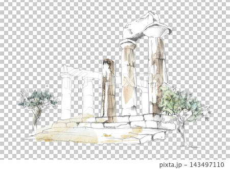 Greek or Roman archaeological site with mature olive grove and weathered architecture. Hand drawn illustration in pencil and watercolor. Museum education, cultural publications, destination guides. Greek or Roman archaeological site with mature olive grove and weathered architecture. Hand drawn illustration in pencil and watercolor. Museum education, cultural publications, destination guides. 143497110