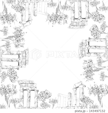 Greek or Roman temple architecture bordered by olive grove elements in square frame. Pencil hand drawn artwork. Educational publications, tourism brochures, exhibition signage, historical branding. 143497132