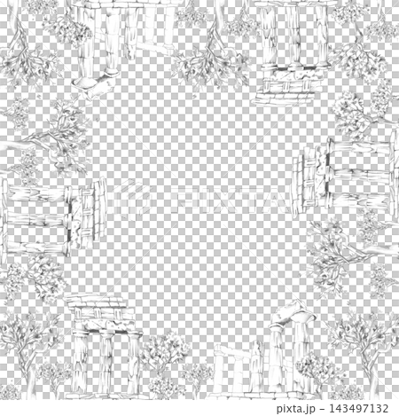 Greek or Roman temple architecture bordered by olive grove elements in square frame. Pencil hand drawn artwork. Educational publications, tourism brochures, exhibition signage, historical branding. 143497132