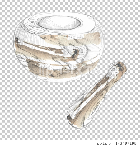 Traditional grinding tool, mortar bowl, pestle with rustic wood texture, handcrafted appeal. Hand drawn pencil and watercolor illustration for spice labels, recipe collections, educational materials. Traditional grinding tool, mortar bowl, pestle with rustic wood texture, handcrafted appeal. Hand drawn pencil and watercolor illustration for spice labels, recipe collections, educational materials. 143497199