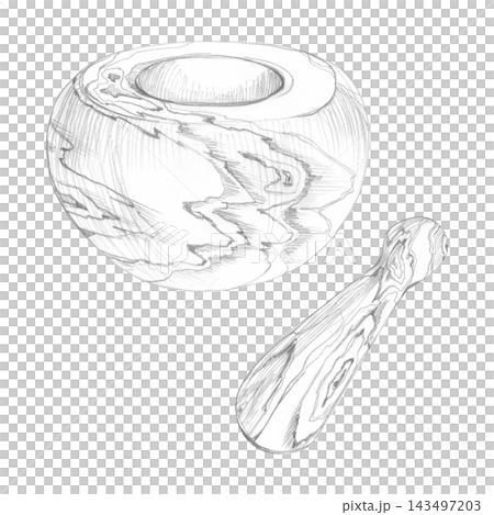 Wooden mortar bowl, pestle with traditional handcrafted character, grain texture. Hand drawn illustration in graphite pencil. Herbal guides, culinary branding, spice packaging, wellness publications. 143497203