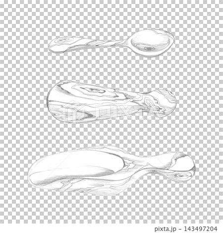 Tasting spoon, spice shovel, grinding pestle. Wooden grain texture hand drawn in detailed pencil linework. Illustration for kitchen decor, botanical references, recipe books, artisan market materials. Tasting spoon, spice shovel, grinding pestle. Wooden grain texture hand drawn in detailed pencil linework. Illustration for kitchen decor, botanical references, recipe books, artisan market materials. 143497204