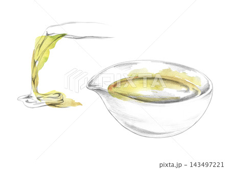 Kitchen mixing bowl with pouring spout lip, flowing liquid stream. Hand drawn illustration in pencil, loose golden watercolor. Recipe layouts, cookware branding, culinary workshops, packaging inserts. 143497221