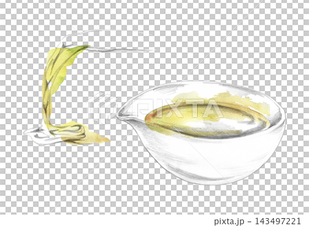 Kitchen mixing bowl with pouring spout lip, flowing liquid stream. Hand drawn illustration in pencil, loose golden watercolor. Recipe layouts, cookware branding, culinary workshops, packaging inserts. 143497221