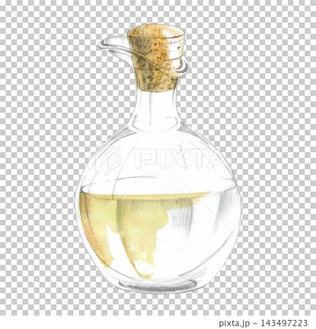 Glass vessel, decanter jar filled with golden liquid, cork stopper. Hand drawn pencil detail, soft watercolor shading. Illustration for catalog layouts, hospitality materials, gift product design. Glass vessel, decanter jar filled with golden liquid, cork stopper. Hand drawn pencil detail, soft watercolor shading. Illustration for catalog layouts, hospitality materials, gift product design. 143497223