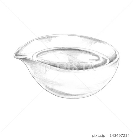 Pouring bowl with practical spout lip, smooth rounded profile, porcelain, clay or glass. Hand drawn illustration in graphite pencil. Kitchen guides, recipe books, cooking schools, culinary branding. Pouring bowl with practical spout lip, smooth rounded profile, porcelain, clay or glass. Hand drawn illustration in graphite pencil. Kitchen guides, recipe books, cooking schools, culinary branding. 143497234