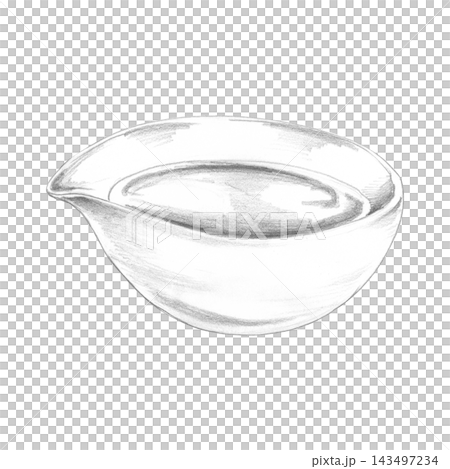 Pouring bowl with practical spout lip, smooth rounded profile, porcelain, clay or glass. Hand drawn illustration in graphite pencil. Kitchen guides, recipe books, cooking schools, culinary branding. Pouring bowl with practical spout lip, smooth rounded profile, porcelain, clay or glass. Hand drawn illustration in graphite pencil. Kitchen guides, recipe books, cooking schools, culinary branding. 143497234